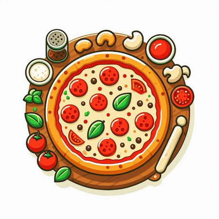 Pizza with pepperoni, tomatoes, mushrooms and cheese. Vector illustration.のイラスト素材