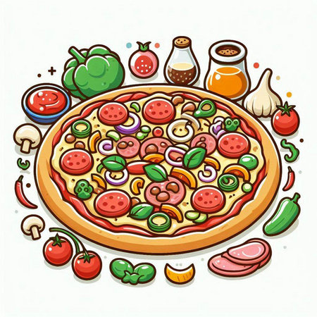 Pizza with tomato, pepper, mushrooms and cheese. Vector illustration.のイラスト素材