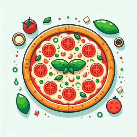 Pizza with pepperoni, tomato and basil, vector illustration.のイラスト素材