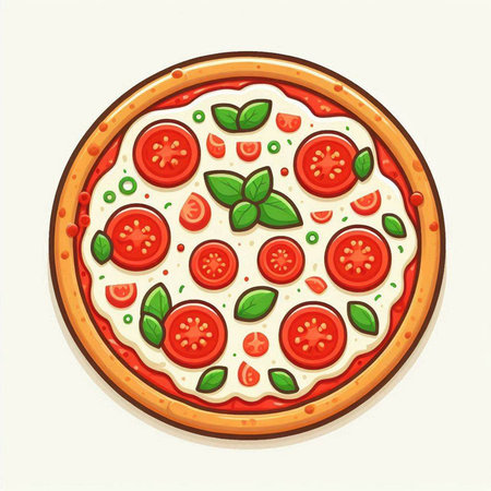 Pizza with tomato, mozzarella and basil. Vector illustration.のイラスト素材