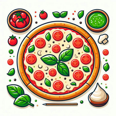 Pizza with tomatoes, mozzarella and basil leaves. Vector illustrationのイラスト素材