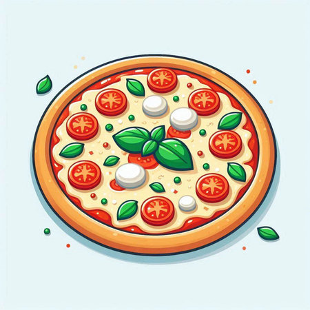Pizza with mozzarella, tomato and basil. Vector illustrationのイラスト素材