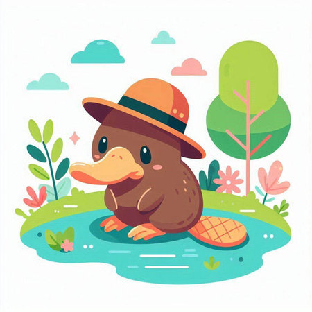 Cute cartoon duck in a hat sitting on the grass. Vector illustrationのイラスト素材