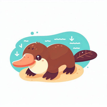 Cute cartoon platypus on the beach. Vector illustration.のイラスト素材