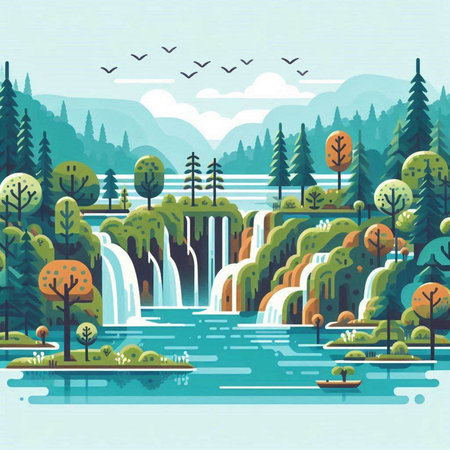 Waterfall in the forest. Waterfall on the lake. Vector illustration.のイラスト素材