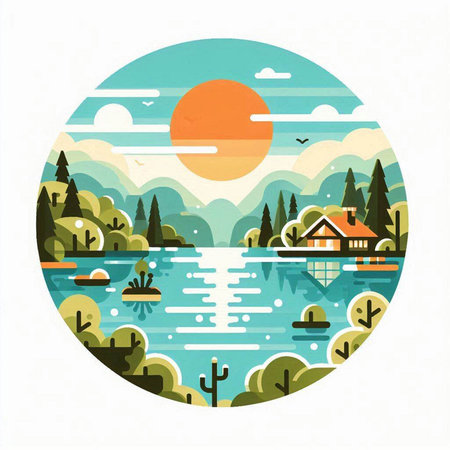 Landscape with lake and house. Vector illustration in flat style.のイラスト素材