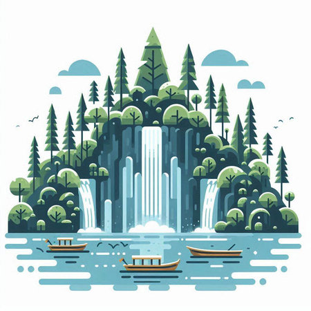 Waterfall in the forest. Vector illustration in a flat style.のイラスト素材