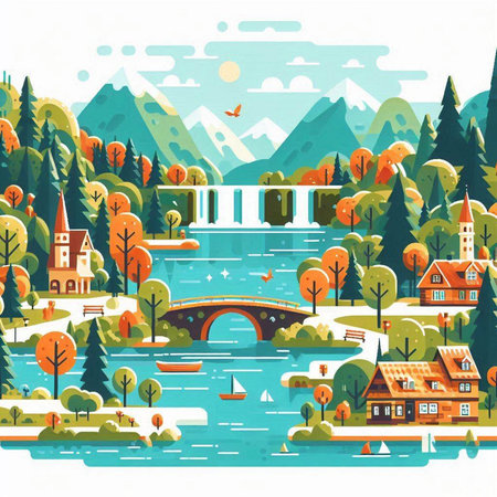 Landscape with a river, houses, trees, bridge and mountains. Vector illustration.のイラスト素材