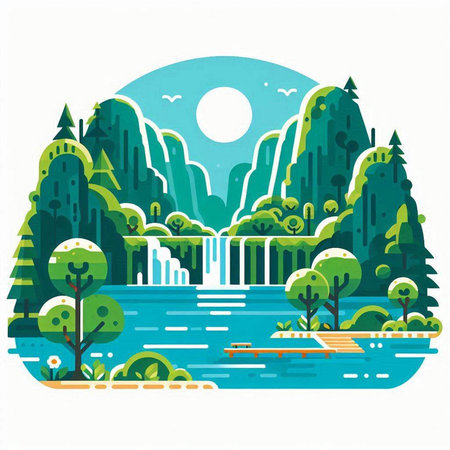 Landscape with a river and a waterfall. Flat style vector illustration.のイラスト素材