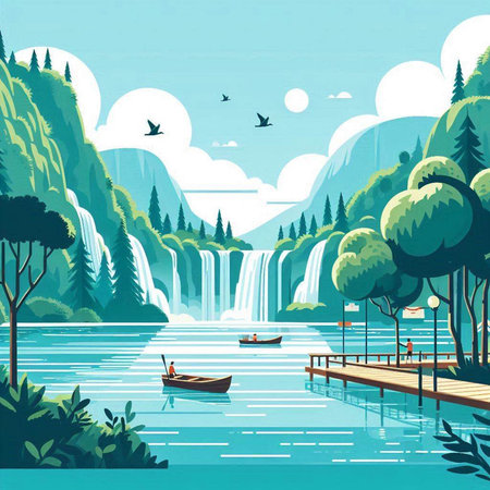 Beautiful nature landscape with waterfalls and wooden pier. Vector illustration.のイラスト素材