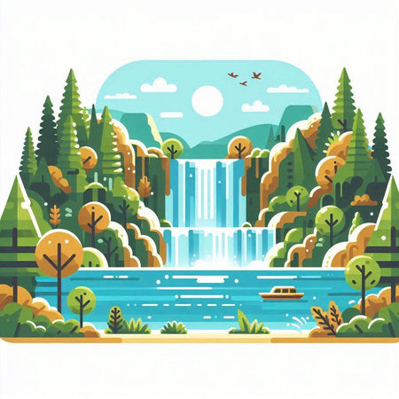 Waterfall in the forest. Waterfall in the forest. Vector illustration.のイラスト素材