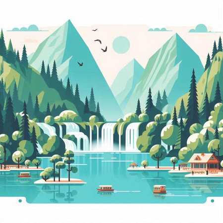 Landscape with mountains, trees and waterfalls. Vector illustration.のイラスト素材