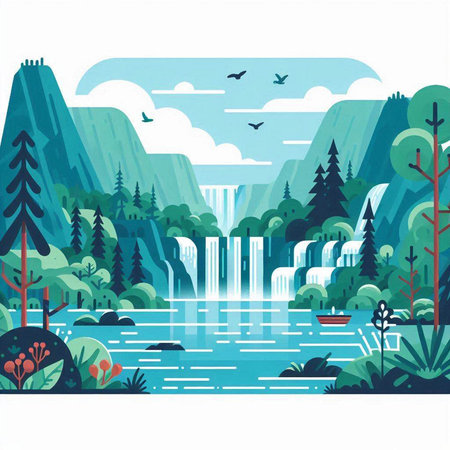 Waterfall in the forest. Waterfall in the mountains. Flat vector illustration.のイラスト素材