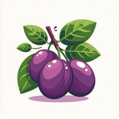 Plum fruit with leaves on a white background. Vector illustration.のイラスト素材