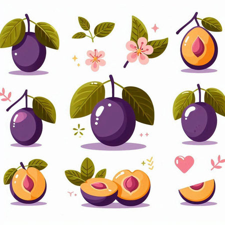 Plum fruit icon set. Vector illustration isolated on white background.のイラスト素材