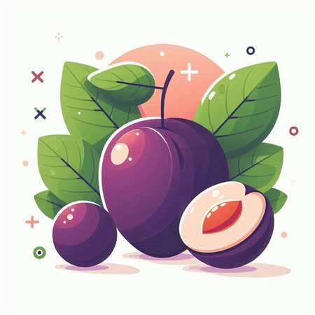 Plum fruit with leaves. Vector illustration in flat cartoon style.のイラスト素材