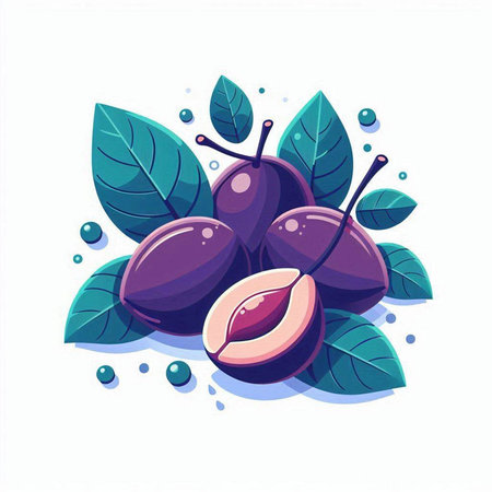 Plum fruit with leaves. Vector illustration in flat cartoon style.のイラスト素材