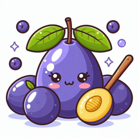 Cute kawaii plums with a spoon. Vector illustration.のイラスト素材