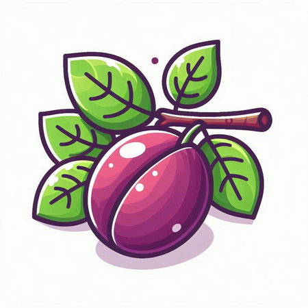 Illustration of a plum with leaves on a white background - vectorのイラスト素材