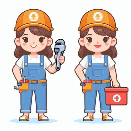 Female builder and plumber with tools in their hands. Vector illustration.のイラスト素材