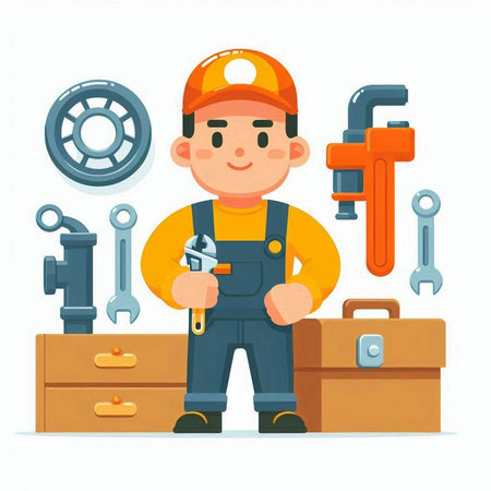Plumber in uniform with tools. Vector illustration in cartoon style.のイラスト素材