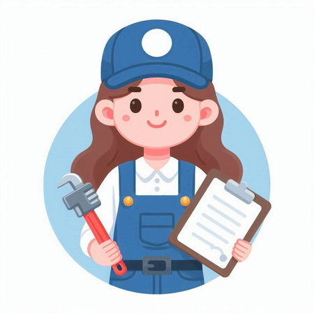 Plumber woman holding a wrench and a clipboard. Vector illustration.のイラスト素材
