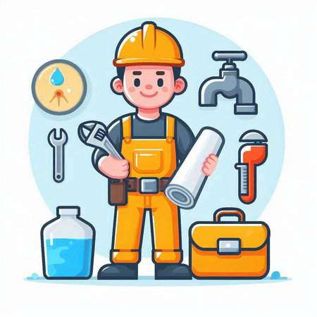 Plumber with tools and equipment. Vector illustration in cartoon style.のイラスト素材