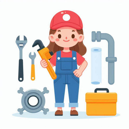 Plumber girl with wrench and tools. Vector illustration in cartoon style.のイラスト素材