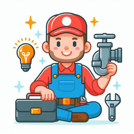 Plumber with tools. Cute cartoon character. Vector illustration.のイラスト素材
