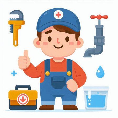 Plumber with equipment. Vector illustration in a flat style on a white background.のイラスト素材