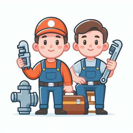 Plumber and worker with tools. Vector illustration in cartoon style.のイラスト素材