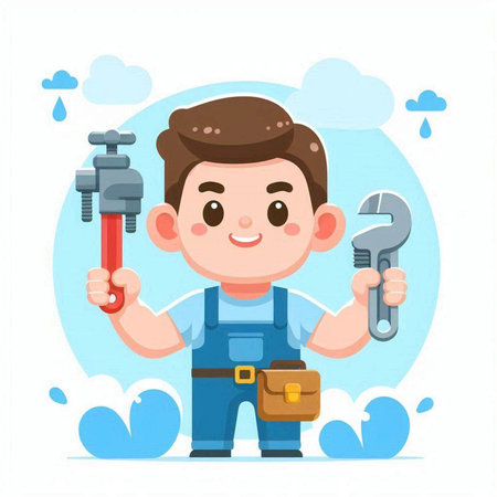 Cute little handyman with tools. Vector illustration in cartoon styleのイラスト素材