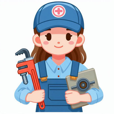 Female plumber holding a wrench and a camera. Vector illustration.のイラスト素材
