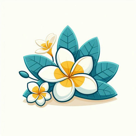 vector illustration of frangipani flowers with leaves on white backgroundのイラスト素材