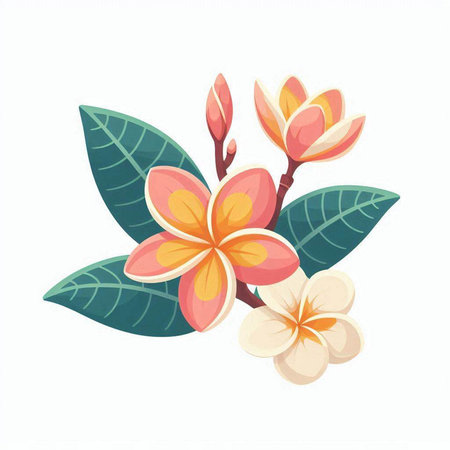 Plumeria flower with leaves isolated on white background. Vector illustration.のイラスト素材