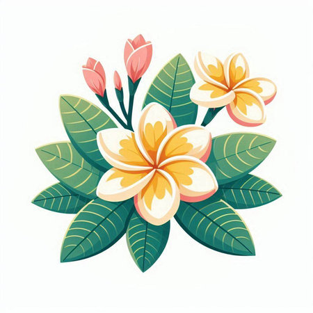 Frangipani flowers and leaves isolated on white background. Vector illustration.のイラスト素材