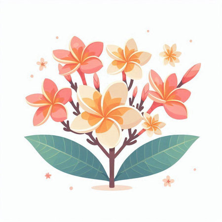 Frangipani flowers with leaves and butterflies. Vector illustration.のイラスト素材