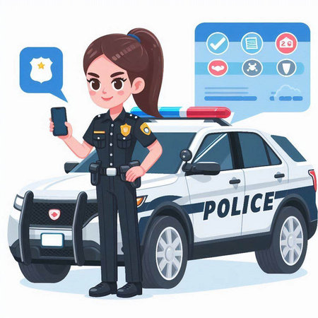 police woman with mobile phone and police car. Vector illustration in cartoon styleのイラスト素材