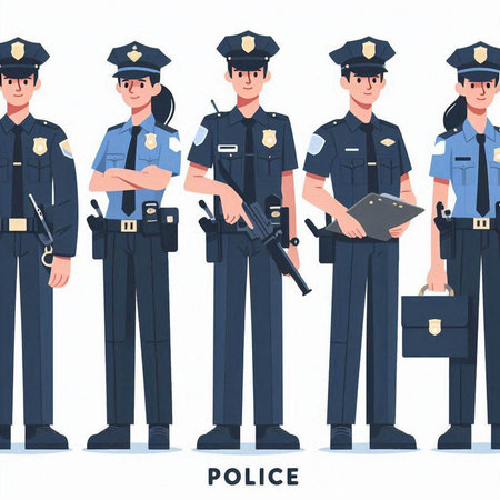 Police officers. Policewoman, policeman, policewoman, police officer. Vector illustrationのイラスト素材