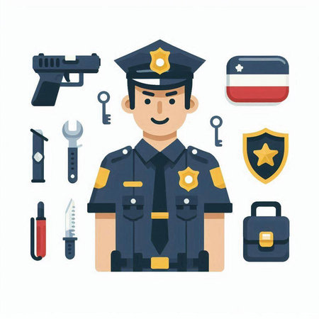 Policeman and police equipment icons. Vector illustration in flat styleのイラスト素材