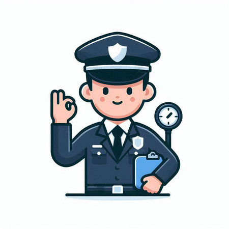 Policeman with checklist and hand gesture on white background. Vector illustration.のイラスト素材