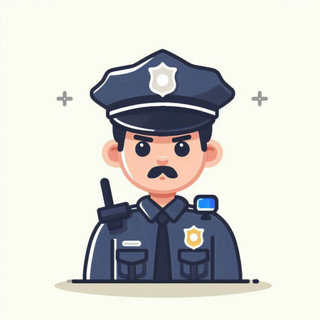 Policeman in uniform with angry facial expression. Vector illustration.のイラスト素材