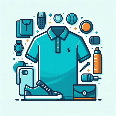 Colorful vector illustration of men's clothes and accessories in line art style.のイラスト素材