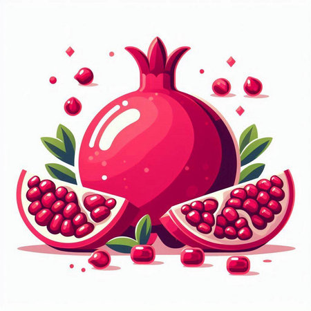 Pomegranate fruit with leaves and seeds. Vector illustration.のイラスト素材