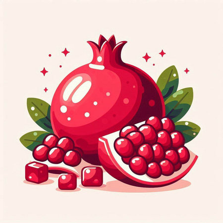 Ripe juicy pomegranate fruit with green leaves and red berries. Vector illustration.のイラスト素材