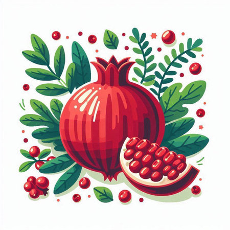 Pomegranate with leaves and berries. Vector illustration in cartoon style.のイラスト素材