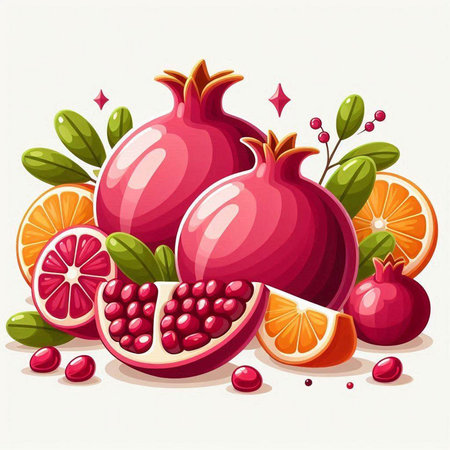 Ripe pomegranate fruit with leaves and berries. Vector illustration.のイラスト素材