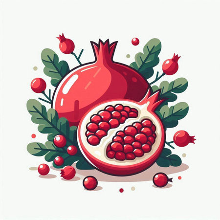 Ripe pomegranate fruit with leaves and berries. Vector illustration.のイラスト素材