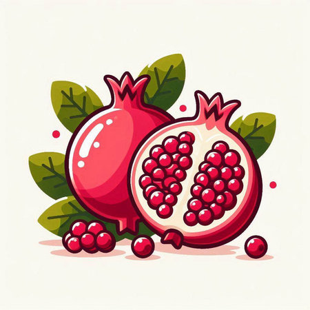 Ripe pomegranate with green leaves. Vector illustration.のイラスト素材