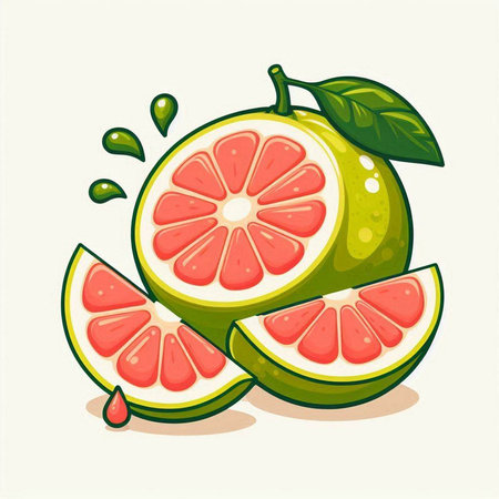 Grapefruit with slices and drops of juice. Vector illustration.のイラスト素材